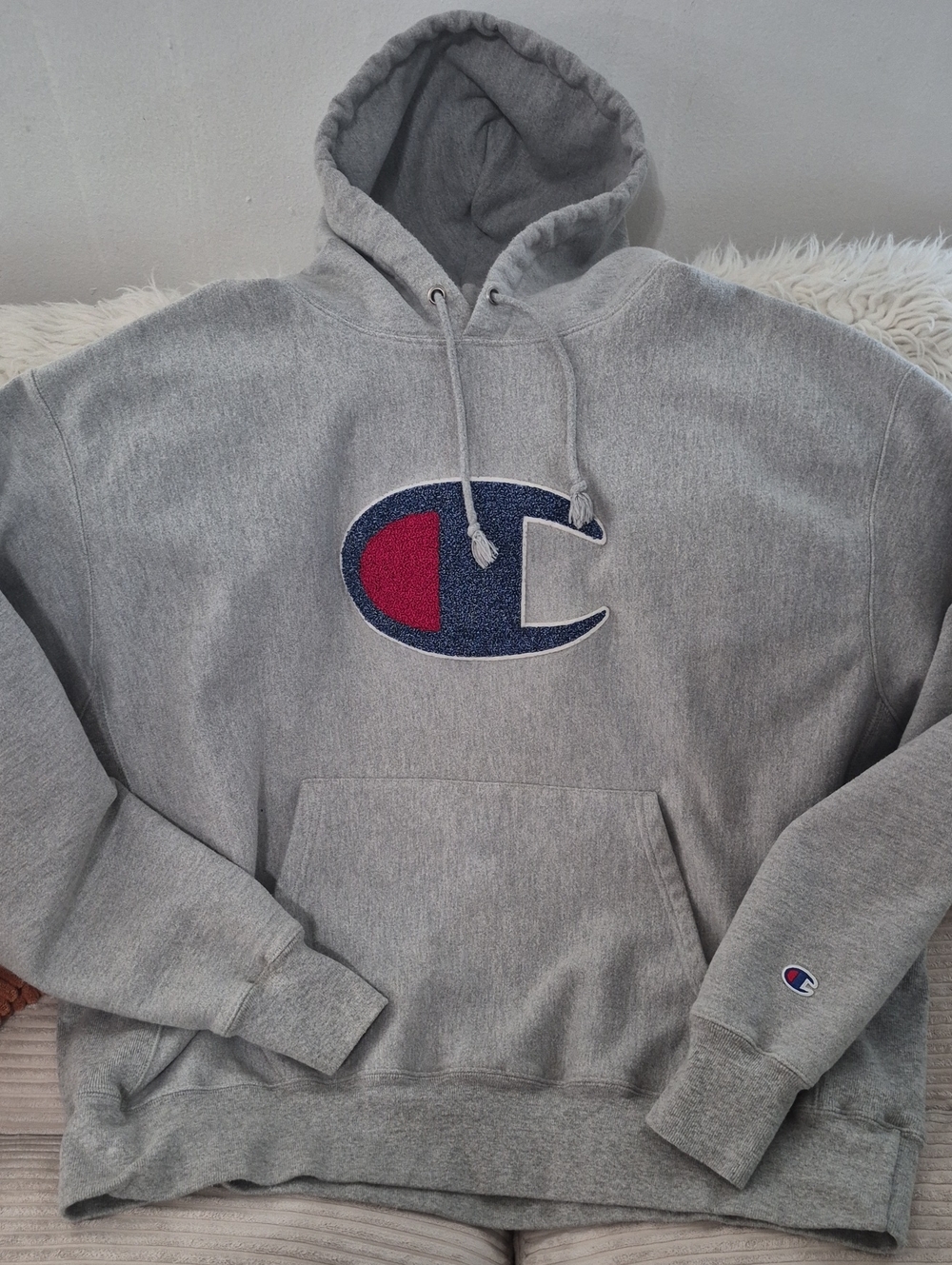 Champion Gray Hooded Sweatshirt with Navy & Red Logo